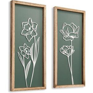 Sage Green 3D Floral Wall Art Set Boho Farmhouse Framed Decor for Bathroom